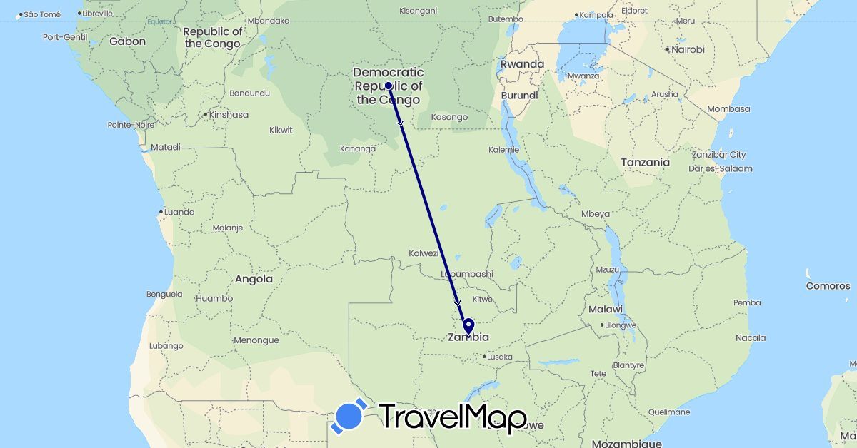 TravelMap itinerary: driving in Democratic Republic of the Congo, Zambia (Africa)